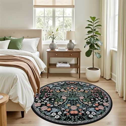 PLHXFR Round Area Rug Living Room: 4 ft Floral Washable Carpet Dark Black - Image 3