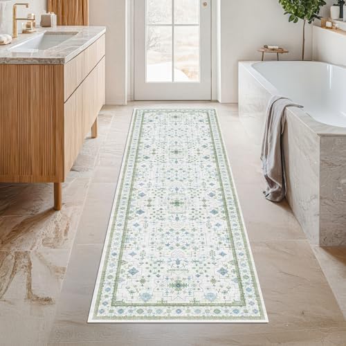 Hazo Haus Washable Oushak 2x6 Bathroom Runner Rug, Eclectic Boho Floral Pastel, Non Slip Low Pile Stain Resistant Small Throw Rug for Bedroom, Laundry Room, Powder Room, Cream Green by HazoHaus