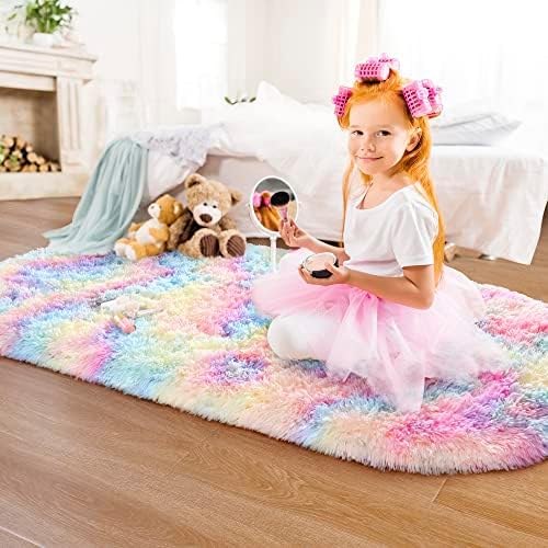 2x5 Rainbow Fluffy Soft Oval Rug Non-Slip for Kids Bedroom Nursery Playroom - Image 3