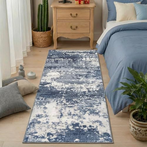 Blue Rug Runners for Hallways Kitchen 2.6x8 Non Slip Washable Entryway Runner Rugs with Rubber Backing 8ft Long Carpet Runner for Laundry Bedroom, Low Pile Stain & Fade Resistant, Abstract Navy - Image 3