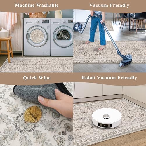 Washable 4x6 Kitchen Rug Non-Slip – Soft Stain-Resistant Low-Pile Indoor Floor Mat for Entryway Bedroom Living Room – Vintage Accent Area Rug (Beige, 4x6) - Image 5