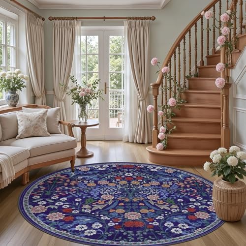 PLHXFR Round Area Rug Living Room: 6 ft Floral Washable Soft Carpet Blue - Image 2