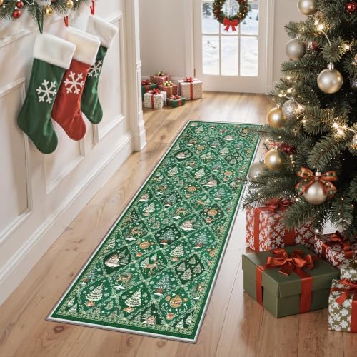 Madane Washable Christmas Runner Rug 2x6 - Green Rug Runners for Hallways - Image 2