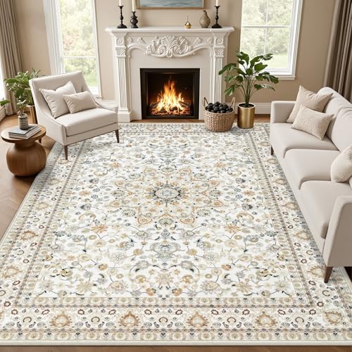 6x9 Area Rugs Living Room: Washable Vintage Rug for Bedroom Beige by EXPEDIX