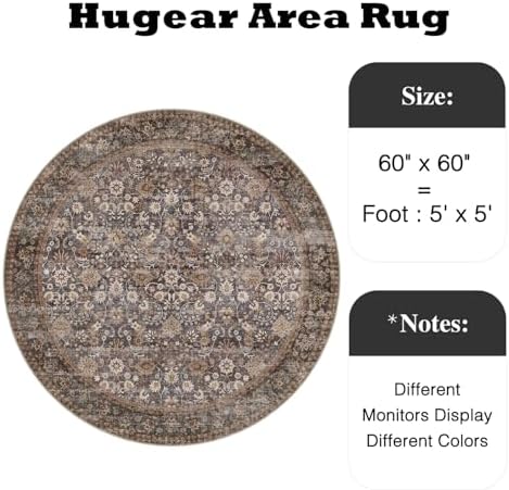 HUGEAR 5ft Round Brown Blue Vintage Floral Washable Rug for Living Room - Image 2