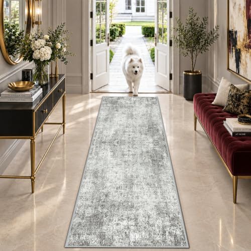 RELEANY Washable Runner 2'x6' Abstract Area Rug for Hallway Gray White by RELEANY
