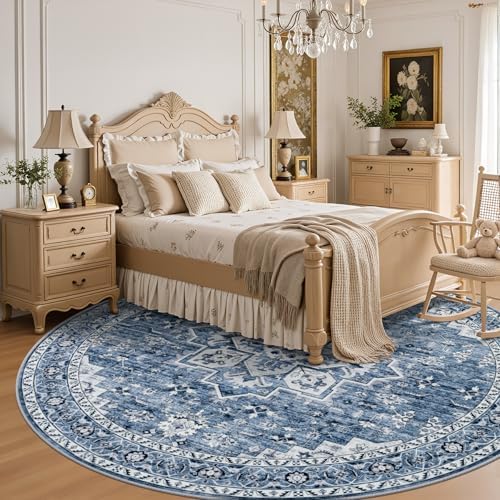 Round Area Rug for Living Room: 4ft Washable Rug for Bedroom Blue - Image 4
