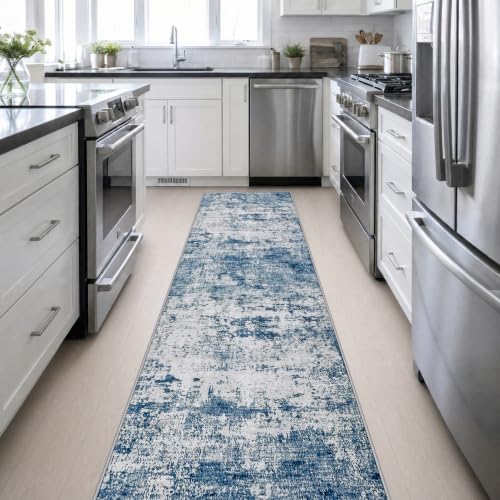 2.6x14 Washable Runner Rug:Modern Abstract Indoor Soft Carpet Blue - Image 5