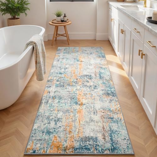 Runner Rug for Kitchen Hallways Runner Rug Non Slip 2'6''x8' Washable Blue Long Runner Rugs with Rubber Backing Soft Abstract Carpet Runner for Entryway, Kitchen, Bedroom, Bathroom - Image 4