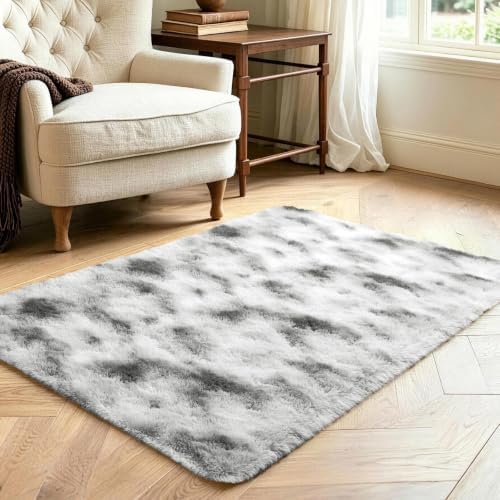3x5 Tie-Dyed Grey and White Fluffy Area Rug Non-Slip for Bedroom Entryway - Image 3