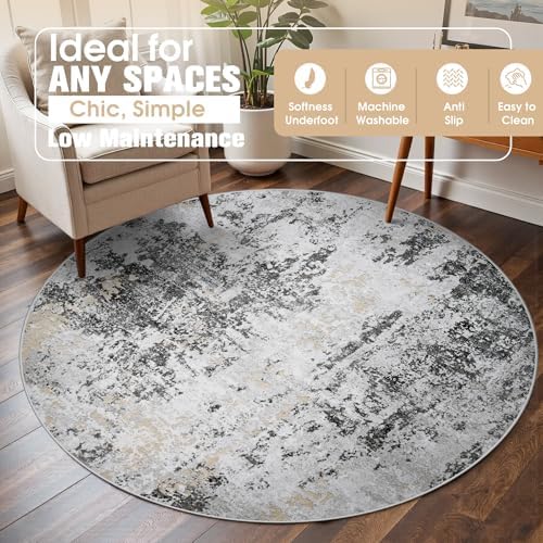 Round Rug 5ft Washable Rug for Dining Room Living Room Black Grey Gold - Image 3