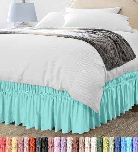 Wrap Around Queen Bed Skirt, Easy Fit Elastic Belt, 16 Inch Drop, Spa Blue by UTOPIABEDDING