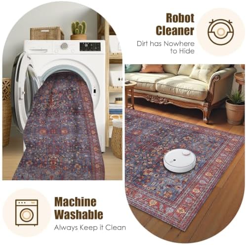 Washable Area Rug 5' x 7' Vintage Traditional Persian Mat - Foldable Distressed Non-Slip Machine Washable Carpet for Living Room Bedroom Kitchen Home Decor - Indigo and Crimson - Image 7
