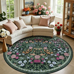PLHXFR Round Area Rug Living Room: 8 ft Floral Washable Carpet Dark Green by PLHXFRSoftAreaRugs