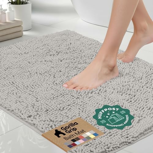 GORILLA GRIP Bath Rug Mat for Bathroom, Absorbent Chenille 48x17 Light Gray by GorillaGrip