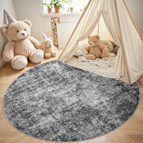Aelenmu Round Rug 6ft Washable Rug for Dining Room Living Room Black Grey - Image 4