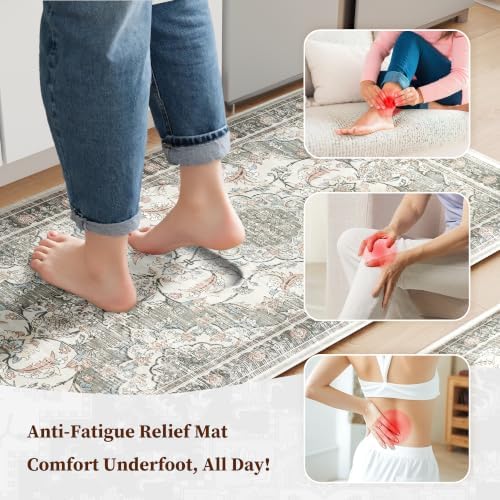 Boho Kitchen Mats for Floor 2PC Anti Fatigue Kitchen Rugs, Beige Grey - Image 3
