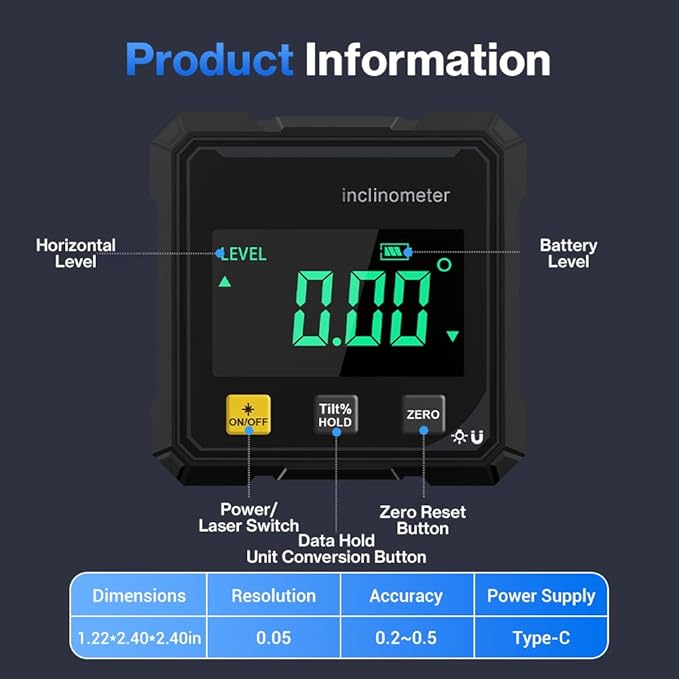 Digital Angle Finder Protractor Tool, 4×90° High Accuracy Measuring Tool with Large LED Display, Magnetic Measuring Tool, Woodworking Measuring Tool, Level Box for Hanging