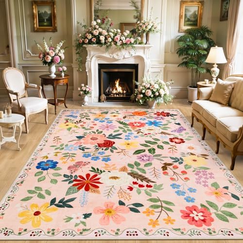 PLHXFR Area Rug 9x12 Living Room: Floral Washable Boho Soft Carpet Beige by PLHXFRSoftAreaRugs