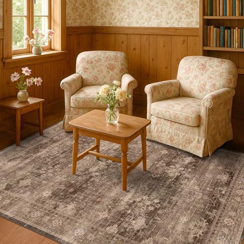 Hazo Haus Boho Taupe Brown 5x7 Living Room Rug - Modern Vintage Traditional Oriental Neutral, Washable Low Pile Non-Slip Large Area Rugs for Nursery Dining Under Table - Image 6