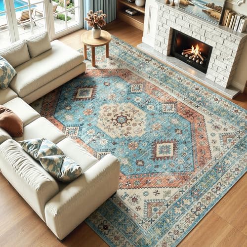 Lofus Living Room Rugs 8x10, Boho Terracotta and Blue Washable Carpet - Image 4