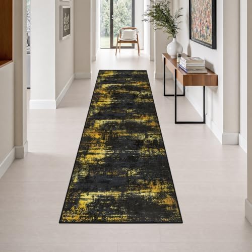 2.6x10 Washable Runner Rug:Modern Abstract Soft Carpet Black Gold by FXRHLP