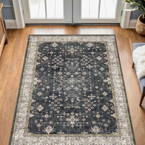 Large 3x5 Entryway Rug Indoor - Washable Non-Slip Low Pile Ultra Soft Area Rug for Large Kitchen, Bedroom Bedside, Mudroom - Distressed Boho Modern Aesthetic Geometric Decor, Ashen/Multi by HazoHaus