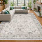 Light Gray & Sage Living Room Rug 8x10 - Washable Boho Low Pile Large Area Rug for Dining Room, Bedroom Carpet, Distressed Vintage Floral Design, Low Pile Stain Resistant by HazoHaus