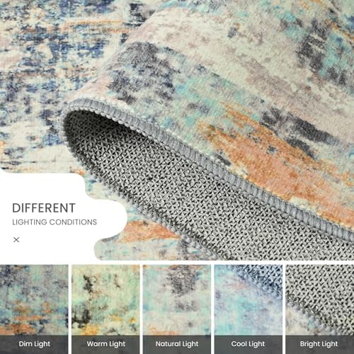 Ompaa Living Room Rug 5x7 Blue Area Rug Machine Washable Boho Rug Non Slip Abstract Vintage Indoor Large Rugs for Bedroom, Classroom, College Dorm, Farmhouse, Dining Room, Kids Playroom - Image 7