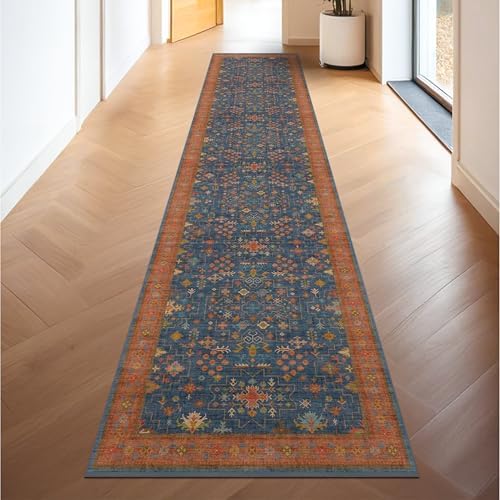 Hazo Haus Navy Blue Washable Hallway Runner Rug 2x10 Non Slip Rugs for Kitchen, Mudroom, Bathroom, Hall Way - 10 ft Long Dark Boho Geometric Decor, Fade & Stain Resistance by HazoHaus