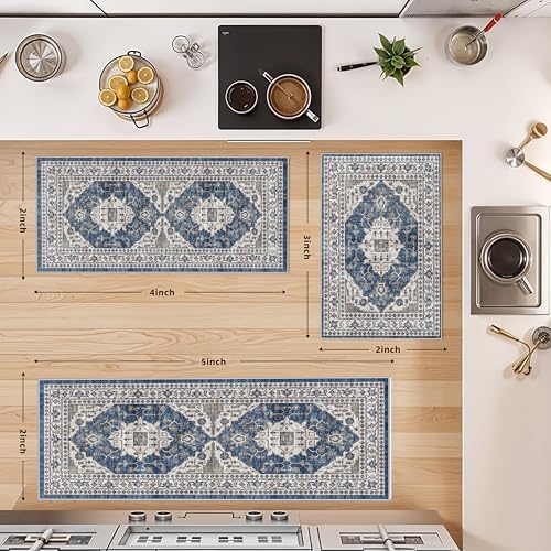 Washable 4-Piece Kitchen Floor Mats: Farmhouse Non-Slip Kitchen Sink Rug Easy Clean Water-Resistant Runners for Hallway Bathroom Soft Decorative Carpet for Pet Feeding Area(2x3+2x4+2x5+2x6,Blue) - Image 2