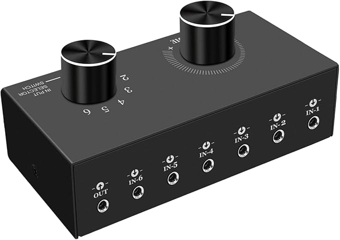 6-Way Audio Switcher, 3.5mm (1/8") Stereo Audio Switcher, Plug & Play Compatible with PC, Laptop, MP3, MP4, Headphone, Game System ect. (6 in-1 Out)