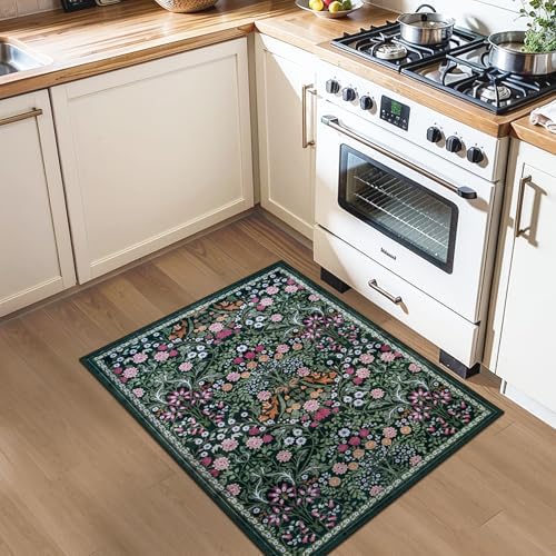 PLHXFR 2x3 Small Entryway Rug: Floral Washable Indoor Carpet Dark Green - Image 4
