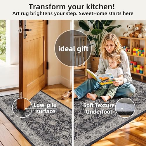 3 Pieces Kitchen Rug Sets: Farmhouse Washable Non-Slip Floor Mat for Sink Stove & Fridge Area Water Resistant Carpet for Laundry Room Entryway Soft Cozy Runners for Kids Pets Family(2x3+2x4+2x5,Black) - Image 6
