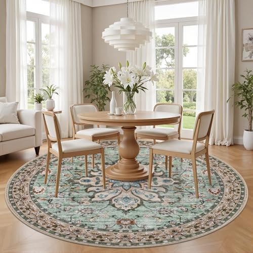 Round Area Rug for Living Room: 8ft Boho Washable Rug Brown Green - Image 3