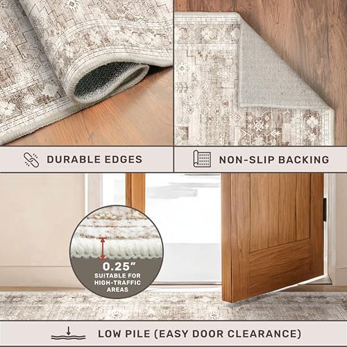 Washable Neutral Farmhouse Large Entryway Rug, 3x5 Area Rugs for Kitchen, Bedroom, Laundry Room, Nursery Room, Boho Vintage Floral Non-Slip Throw Rug Low Pile Stain Resistant (3x5 Beige/Latte) - Image 5
