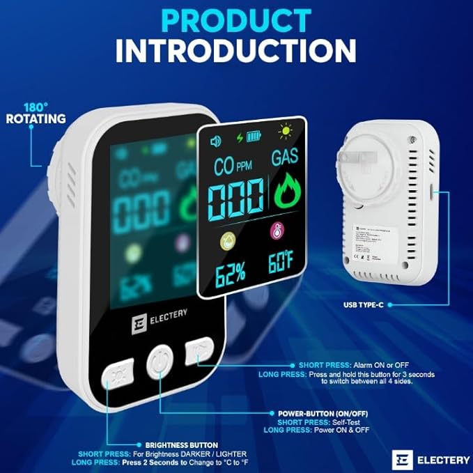 4‑in‑1 Upgraded Natural Gas Leak Detector & Carbon Monoxide Detectors Plug‑in with Dual Sensor, LCD Display Alarms, Temperature & Humidity Monitor for Home & RV