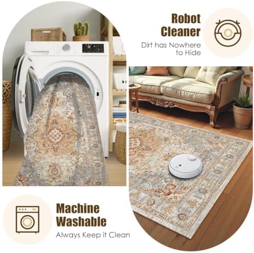 Washable Area Rug 8' x 10' Vintage Traditional Persian Mat - Foldable Distressed Non-Slip Machine Washable Carpet for Living Room Bedroom Kitchen Home Decor - Dove Gray and Coral - Image 7