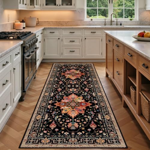 RELEANY Washable Area Rug, Runner 3'x8', Black/Colorful by RELEANY