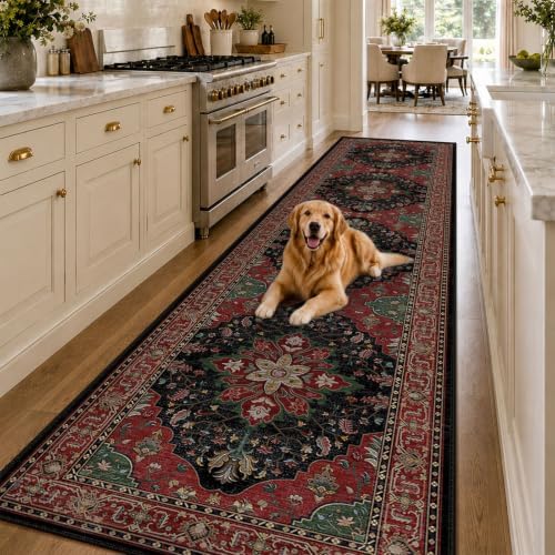 RELEANY Washable Area Rug, Runner 2'6"x12', Red/Black by RELEANY