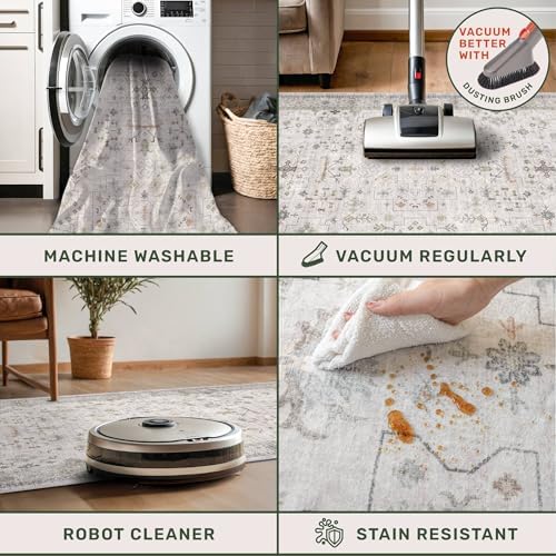 Hazo Haus Boho 2x5 Floral Bathroom Runner Rug - Washable Low Pile Runner Rugs for Laundry Room, Door Mat Indoor Entrance, Neutral Light Gray & Sage Geometric Decor & Stain Resistance - Image 4
