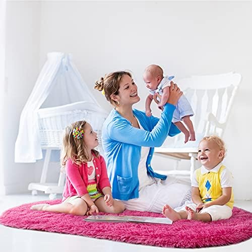 2.6x5.3 Hot Pink Fluffy Soft Oval Rug Non-Slip for Kids Bedroom Nursery - Image 5