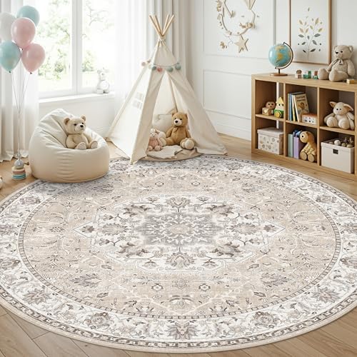 Washable 6ft Circle Round Rug: 6x6 Low-Pile Circular Rug for Living Room Bedroom Cute Office Nursery Area Rug with TPR Rubber Backing Soft Stain-Resistant Carpet Bathroom Entryway Dorm(6Round，Beige) by HYHAOYUNLAI