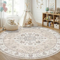 7x7 Living Room Area Rug: Washable Oriental Printed Soft Round Rug for Bedroom Besides Non-Slip Low-Pile Carpet for High-Traffic Area Indoor Stain Resistant Distressed Home Decor Mat(7Round,Beige) by HYHAOYUNLAI