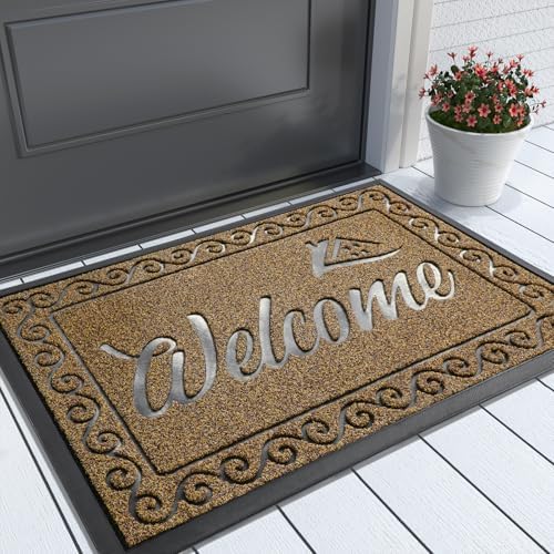 Yimobra Welcome Mat Outdoor Indoor, Waterproof Heavy Duty Front Door Mat Outside Entrance, Extra Sturdy Non-Slip Doormat, Low Profile, Dirt Trapping, 36x24 Inches, Beige Brown by Yimobra