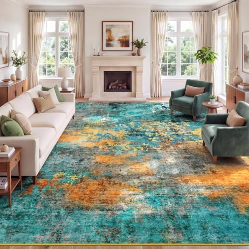 9x12 Area Rug for Living Room, Abstract Washable Large Rugs, Teal/Orange by Lofus