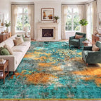 9x12 Area Rug for Living Room, Abstract Washable Large Rugs, Teal/Orange by Lofus