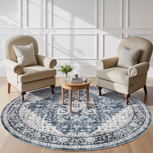Amada Round 6x6 Washable Area Rug for Living Room, Blue, Vintage Style by AMADAHOMEFURNISHING