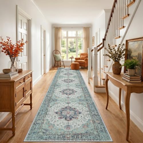 RELEANY Washable Area Rug, Runner 3'x20', Teal Green/White/Navy - Image 2