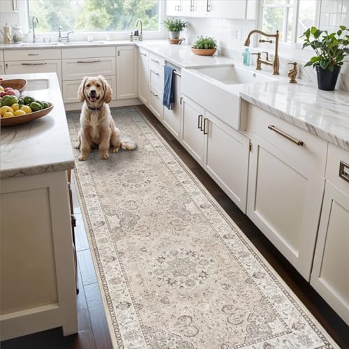 Washable 3x12 Hallway Runner Rug: Vintage Non Slip Soft Rug for Entryway Kitchen Living Room Low-Pile Water Resistant Carpet for Bathroom Nursery Thin Floor Mat for Bedroom Dining Room(Beige,3x12) by HYHAOYUNLAI